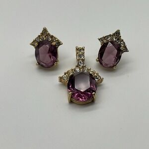 Vintage Signed Roman Pendant‎ & Earring Set Gold Tone Purple & Clear Rhinestones